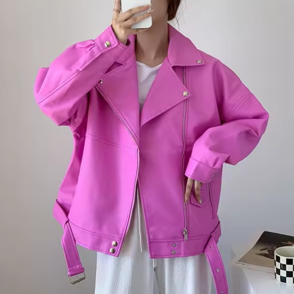 Zipper Loose Pu Leather Jacket Street ClothesLapel Long Sleeve - Picture 1 of 4